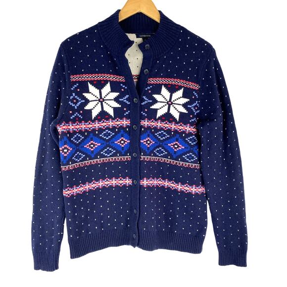 Lands End Sweaters - VTG Lands End Fair Isle Cardigan Sweater Women L Blue Cotton Wool Blend Nordic